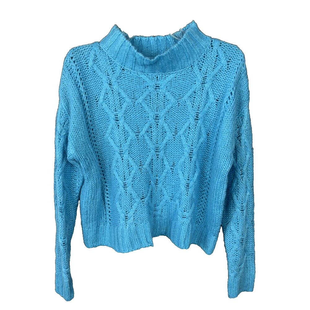 Hooked Up Loose Cable Knit Mock Neck Cropped Sweater Size Small Aqua